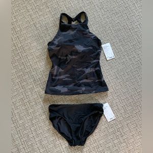 Athleta black camo tankini top and black bottom, new with tags